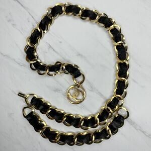 CHANEL 1991 Runway Black Leather Gold Chain Belt XS/Small Made France 🖤✨